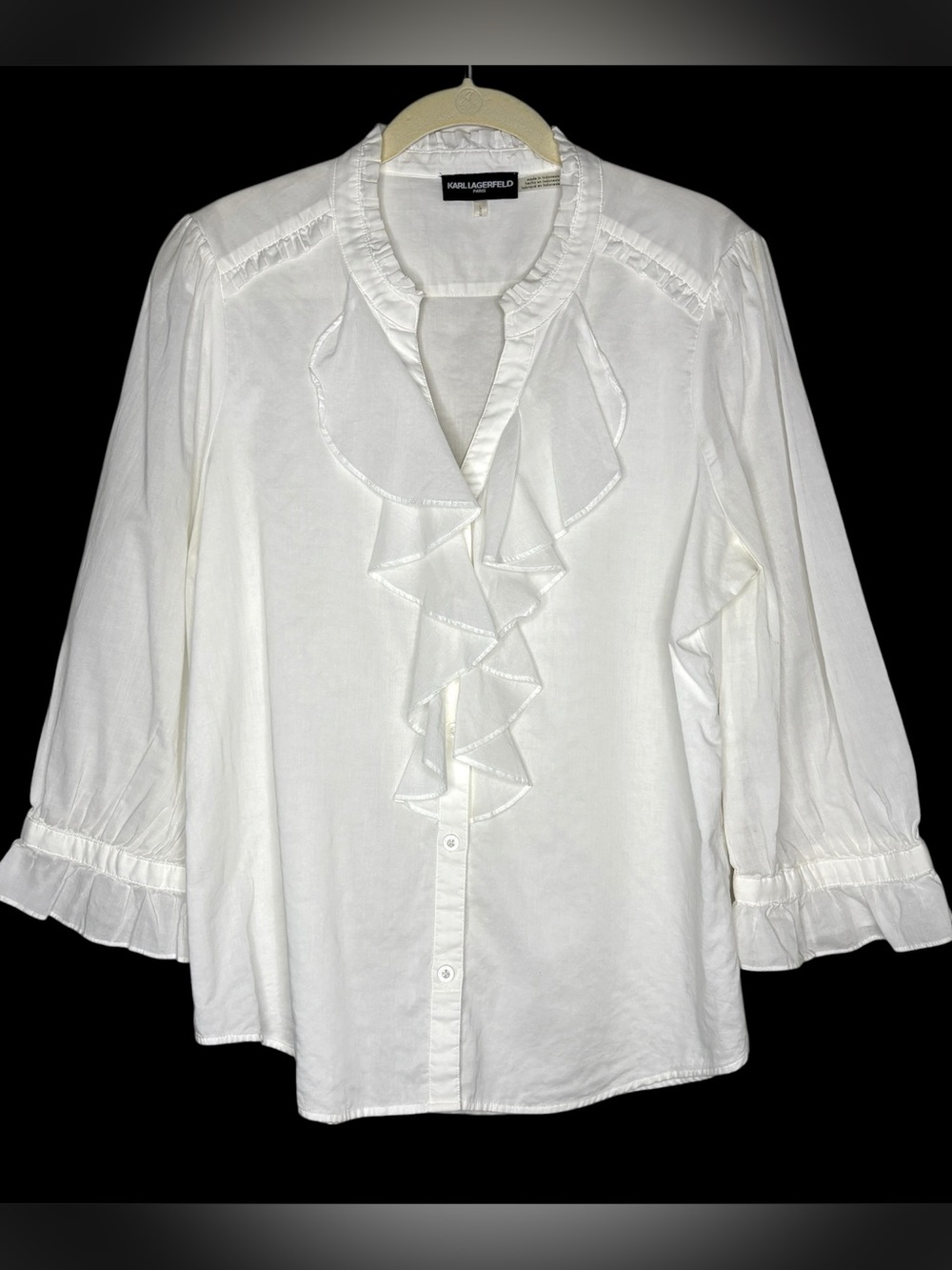 Karl Lagerfeld Ruffle Long Sleeve Button Front Blouse Top White Large NWOT